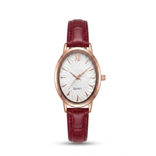 Women's Elegant Oval Watch with Comfortable Leather Strap, Precise Quartz Movement, Slim Fit for Daily and Formal Looks, Adds a Sophisticated Touch to Your Wrist (Dark Red)