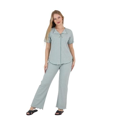 ZECOTEX Women's Ribbed Cotton Pajama Set | Short Sleeve Soft Breathable Sleepwear | Comfortable Home Wear | Sizes M–3XL | Made in Egypt