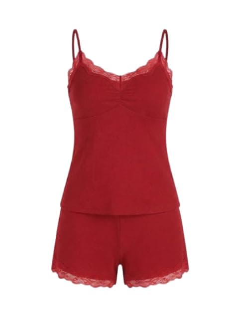 Women V Neck Plaid Lace Top and Shorts Set Sleeveless Lounge Sleepwear Home Wear - Code7719 Pajamas
