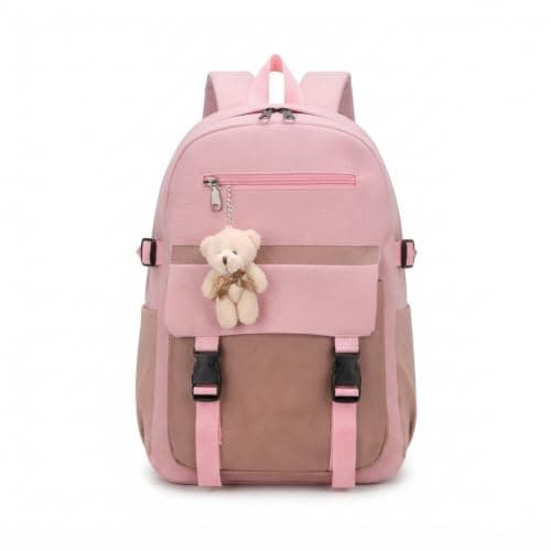 Women's Backpack with Teddy Bear Keychain, | Multiple Pockets, Buckle Straps