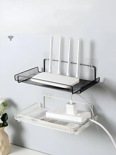 Wall Mounted Metal Router Holder Stand Space Saving Wall Bracket Organizes Cables Heavy Duty Build Fits Most Router Modem Sizes Simple Install for Home Office Storage rack