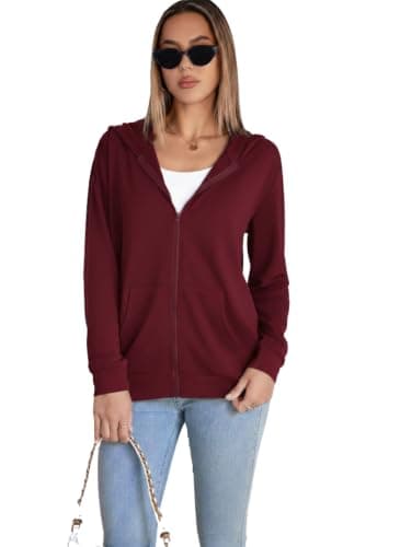 Women's Full Zip-Up Hoodie Sweatshirt, Burgundy, Long Sleeve, Casual Style with Front Pockets