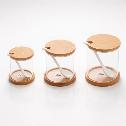 Generic Glass Spice Jar Set with Wooden Lid and Base, 3 Cylinders with Spoons, for Salt, Pepper, Sugar, Tea, and Coffee, .Ht Food storage container