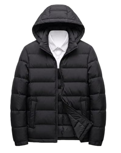 Waterproof Men's Black Puffer Jacket with Hood, Quilted Winter Coat | Zip-Up Closure, Insulated Warmth, Stand Collar, Side Pockets, Casual Outerwear
