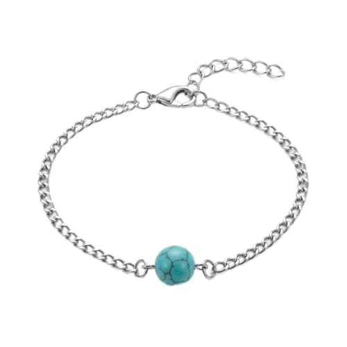 Silver Chain Bracelet With Round Turquoise Beads, Lobster Clasp, Adjustable-Mg_ch1004