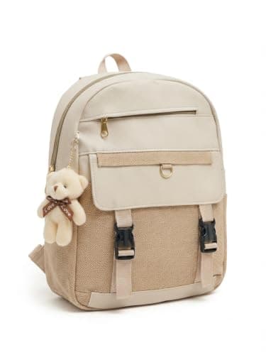 Women's Backpack with Teddy Bear Keychain, | Multiple Pockets, Buckle Straps