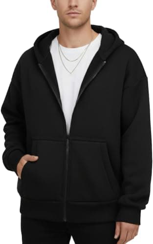 Men's Oversized Full-Zip Hoodie, Black, Fleece Sweatshirt with Kangaroo Pocket