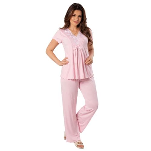 ZECOTEX Pajamas for Women | Home Garment Pajama | Pyjamas 100% Cotton | Half Sleeves Pajama Embroidered X Viscose Pants Pajamas BIG SIZES 4XL-5XL-6XL
