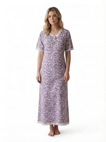 Lammela Floral Short Sleeves Cotton Nightgown - White Purple Nightgown nightshirt