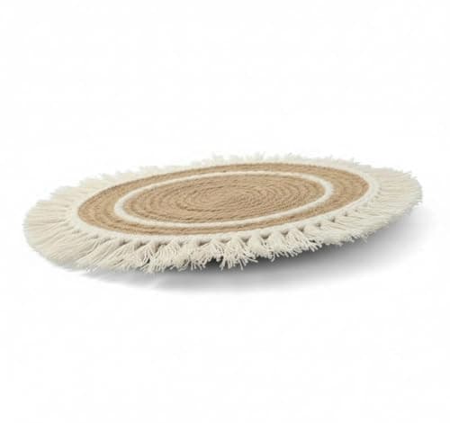 Natural Round Wicker Coaster Boho Tassel Thick Washable Dining Placemat
