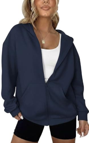Women's Oversized Zip Up Hoodie, Navy Blue, Long Sleeve Sweatshirt with Pockets