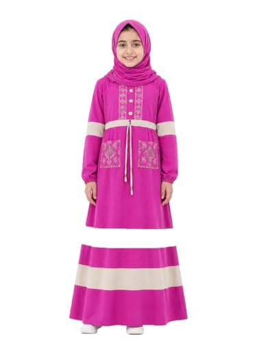 Girls ISDAL Maxi Dress,Embroidered with Contrast Stripe Detail, Long Sleeve, Islamic Modest Wear - Fuchia