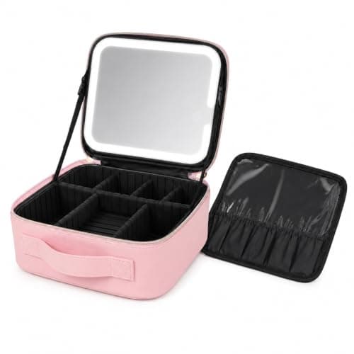 Makeup Bag with LED Mirror, Travel Cosmetic Case with 3 Light Modes, Adjustable Dividers, Brush Slots and Water-Resistant ABS Organizer, X-494, Pink