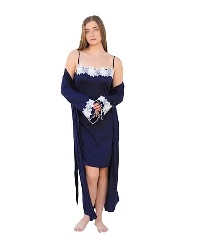 Women 2 Piece Viscose Nightgown Elegant White Lace Camisole Summer Nightgown Full Cover Jacket - Women's Summer Robe 2 Piece Complementary Nightgown nightshirt