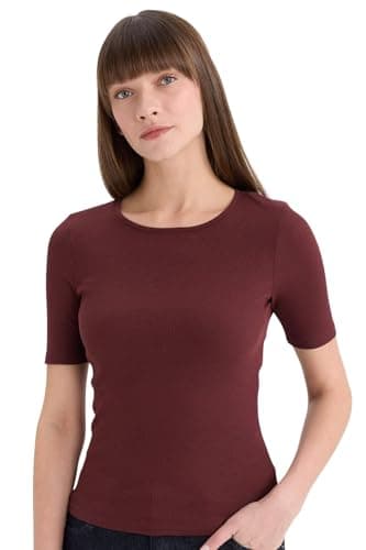 DeFacto Womens Slim Fit Crew Neck Short Sleeve Casual Knitted Short Sleeve T-Shirt E5776AX Short Sleeve T-Shirt