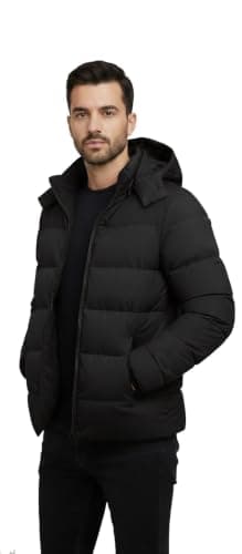 Men's Black Hooded Puffer Jacket, Quilted Winter Coat with Zip Closure, Warm Outerwear
