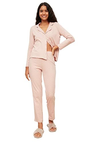 Trendyol Womens Powder 100% Cotton Printed Knitted Pajamas Set Thmaw20Pt0265 Pajama Set (pack of 1)