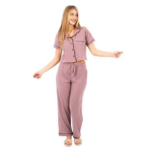 Zecotex Women’s Classic Cotton Pajama Set | 1/2 Sleeve Button-Down Top & Full-Length Pants | Soft & Comfortable Summer Sleepwear