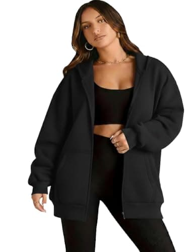 Women's Oversized Zip-Up Hoodie, Black, Fleece, Long Sleeve, Casual Style with Pockets Sweatshirt