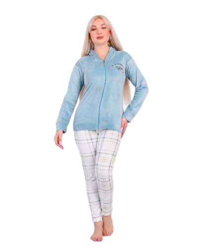 Project Z 3195 Women's Pajama Set 2 Piece Zipper Jacket and Long Plaid Pants Casual Comfy Home Wear, Multi Color, Large XL 2XL