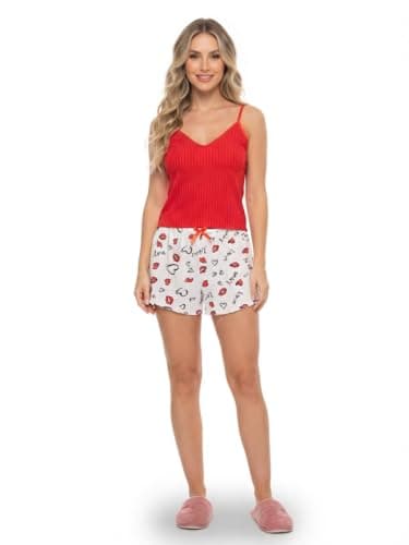 Louna Fashion Women's Cami Pyjama Set, Red Ribbed Top & Heart Print Shorts | Spaghetti Strap Top, Drawstring Waist, Lips & Love Print, Sleepwear Set, V-Neck Design