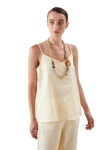 LC WAIKIKI Woman V Neck Strappy 100% Linen Blouse Shirt