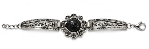 Turkish Ottoman Inspired Vintage Floral Bracelet for Women - Silver Stainless Steel Statement Jewelry with Black Stone, Elegant Boho Gift for Her