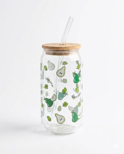 Generic Glass Can Cup with Bamboo Lid and Glass Straw, Pear Print Soda Can Shape Drinking Glass for Juice, Iced Coffee, Smoothies