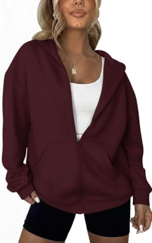 Women's Oversized Zip Up Hoodie, Burgundy, Long Sleeve Sweatshirt with Pockets, Casual Style