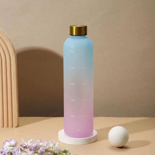 Generic Motivational Glass Water Bottle with Time Markers, 1 Litre, Gradient Colour, Gold Metal Cap, Leak-Proof, .sa