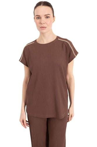 DeFacto Woman Traditional Regular Fit Bike Neck Short Sleeve Knitted Short Sleeve T-Shirt,Brown XL