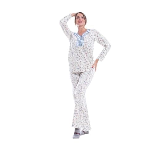 Zecotex Women Cotton Pajama Set With Pants Long Sleeves 2 Piece Casual Lounge Set Simple Printed And Embroidery Unique Pajamas