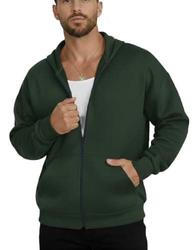 Men's Full Zip-Up Hoodie Sweatshirt, Forest Green, Fleece, Casual Style, with Kangaroo Pockets