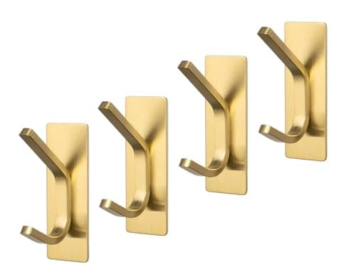 Heavy Duty Stainless Steel Adhesive Door Hangers - 4 Pack, for Towels, Robes, Coats, Keys, Calendars, No Drill or Glue Needed- Bathroom, Home, and Kitchen Wall Hooks (Gold)