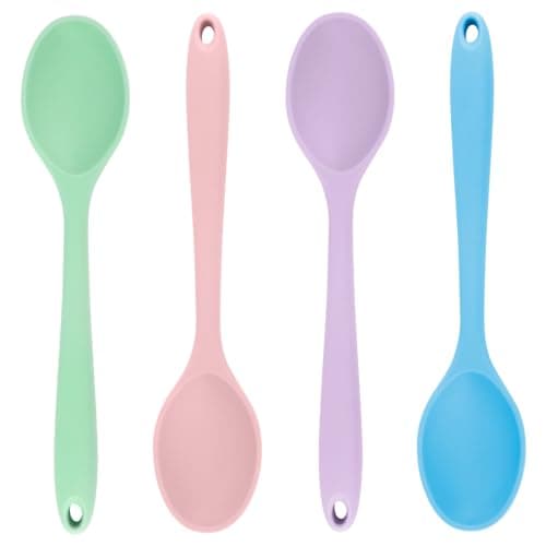 Cooking Spoon 4Pcs Pink Green Blue Purple Large Serving Spoons Heat Resistant Silicone Mixing Spoon Non-Stick Kitchen Spoon Premium Silicone Kitchen Utenils for Stirring Baking Mixing Dishwasher Safe