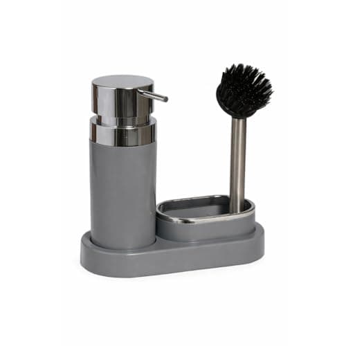 Primanova Kitchen Soap Dispenser Set with Dish Brush and Sponge Holder - 3-in-1 Sink Caddy, Push Pump for Dish Soap, Non-Slip Base Used for Kitchen Sink & Countertop, 20 × 8.5 × 19.5 cm (Grey)