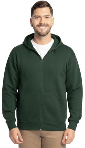 Men's Full Zip Fleece Hoodie, Forest Green, Long Sleeve, Kangaroo Pocket, Casual Sweatshirt