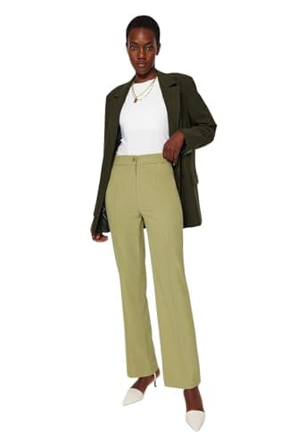 Trendyol Women Straight Cut High Waist Ribbed Stitched Woven Trousers TWOSS21PL0093 Trousers (pack of 1) Pants