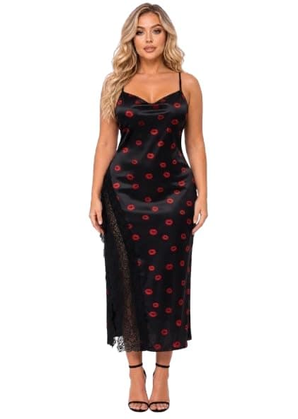 Black Lips Print Satin Slip Dress with Lace Slit 62200000013