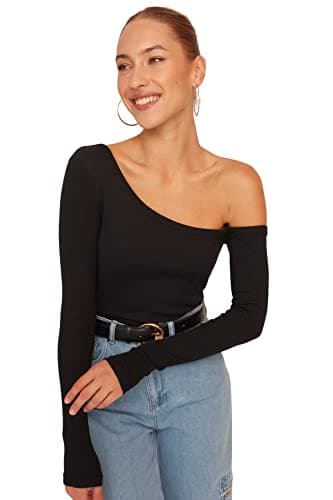 Trendyol Womens Black Fitted Off Shoulder Corded Cotton Stretch Knitted Blouse TWOAW23BZ00475 Trendyol Women Slim fit Basic Asymmetrical Collar Knit Blouse (pack of 1) Shirt