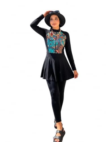 Women's Modest Burkini Swimsuit 4-Piece Set – Printed Zip Rash Guard Top, Flared Swim Skirt, Leggings & Turban From La Vie Model LV-BRK-7