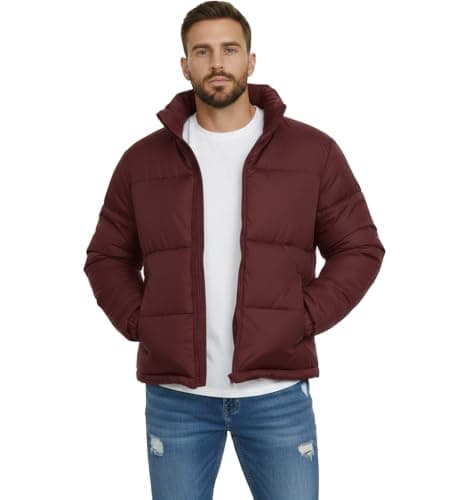 Men's Quilted Puffer Jacket, Burgundy, Stand Collar with Hood, Winter Outerwear Coat