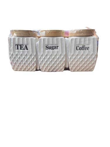 Canister Set with Bamboo Lids and Tray, White Porcelain, Coffee Sugar Tea Jars, Dishwasher Safe, 4 Pieces Food storage container