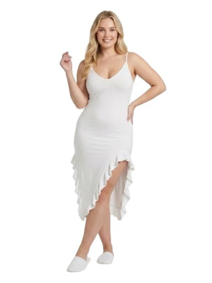 Women's Ruffle Hem Asymmetric Midi Slip Dress | V-Neck, Spaghetti Straps, High-Low Hem, Plus Size, Sleeveless