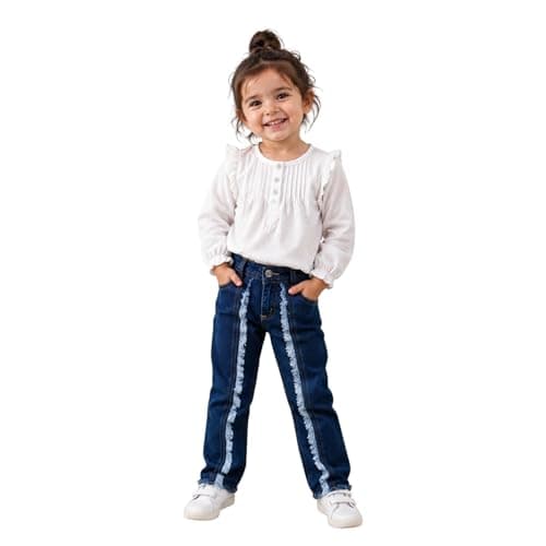 Girls Casual Jeans Cotton Light and Dark Blue Fringed Side Tape Size 1-4 Years Pants