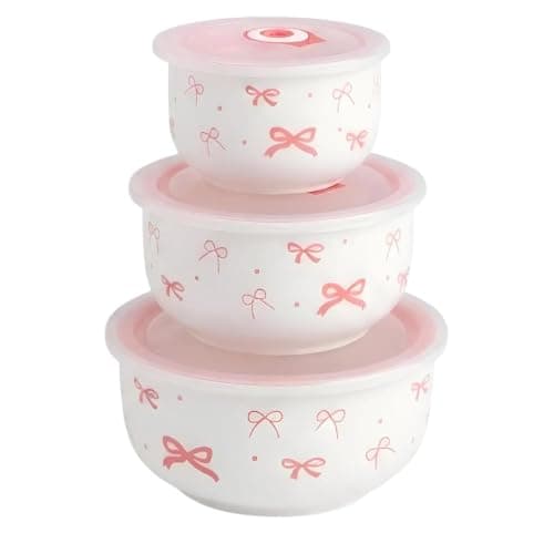 Ceramic Bowls Set of 3 with Lids, Pink Bow Design | Stackable, Food Storage Dishware bowl
