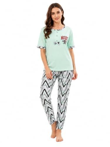 Women’s 2-Piece Printed Pajama Set, Short Sleeve Top & Printed Pants, Lightweight Fiber Gel Sleepwear & Loungewear, Slim Fit, Size M-L