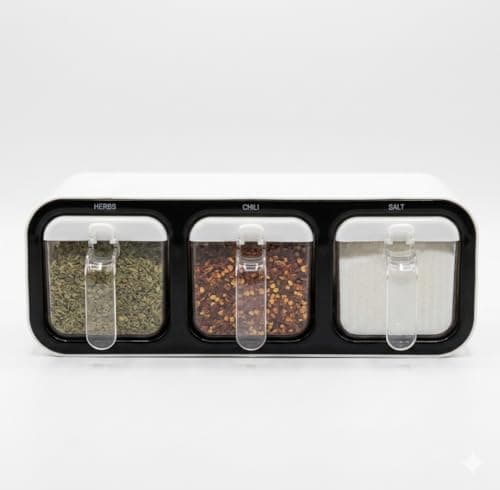 Generic Acrylic Spice Container Set, 3 Compartments, Clear, Airtight Lids, Modern Kitchen Seasoning Storage Box for Herbs and Condiments.