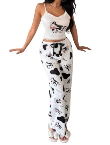 NF22-753 White Cow Print Lace Suspenders and Pants Sleepwear Pajamas | Satin bow on waist, delicate lace collar, comfortable long pants, home fun design, white with black plaid