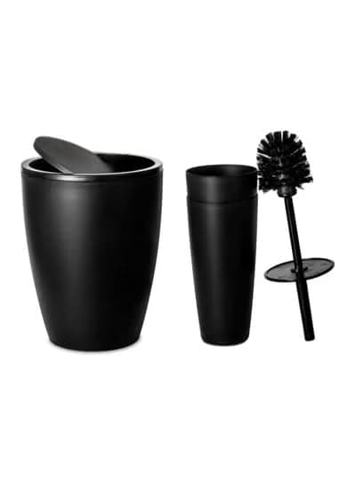2-Piece Matte Plastic Bathroom Set – 7.5 Liter Swing Lid Waste Bin & Toilet Brush with Holder for Bathroom & Kitchen. (Black) Bathroom container set